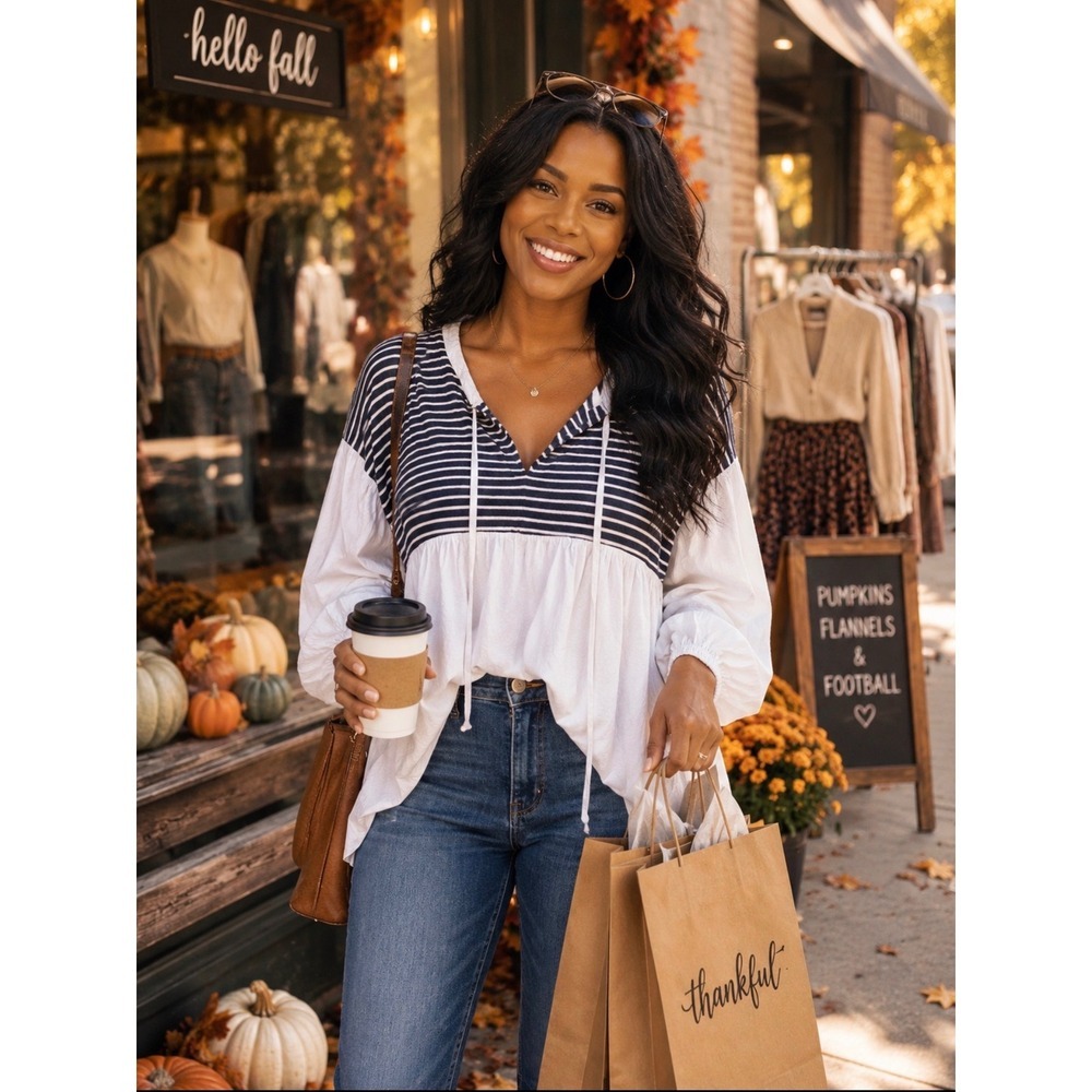 Mustard Seed Striped Babydoll Top Navy White Long Sleeve S23846 Small